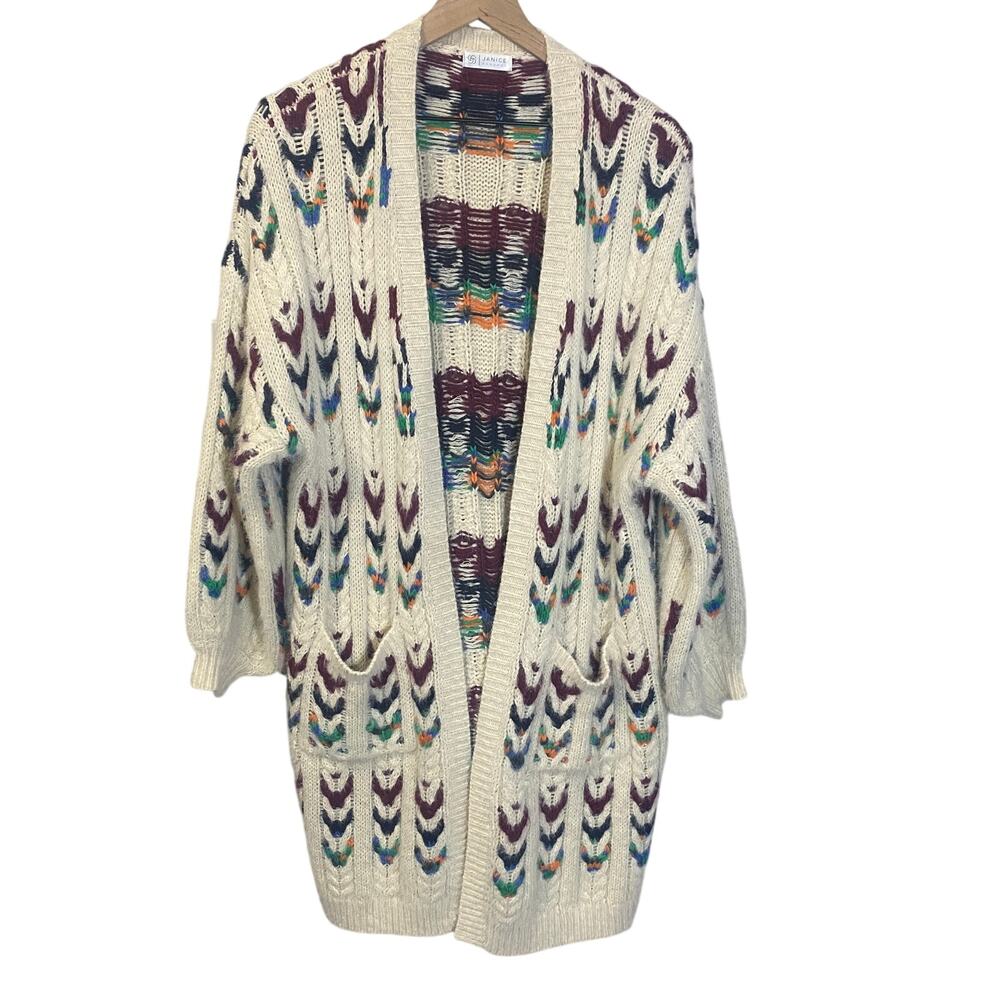 Janice Apparel Fuzzy Knit Duster Cardigan Sweater Cream Burgundy Green One Size
